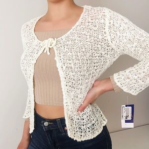 Ivory White Knit Bolero Sweater Front Tie Cardigan
